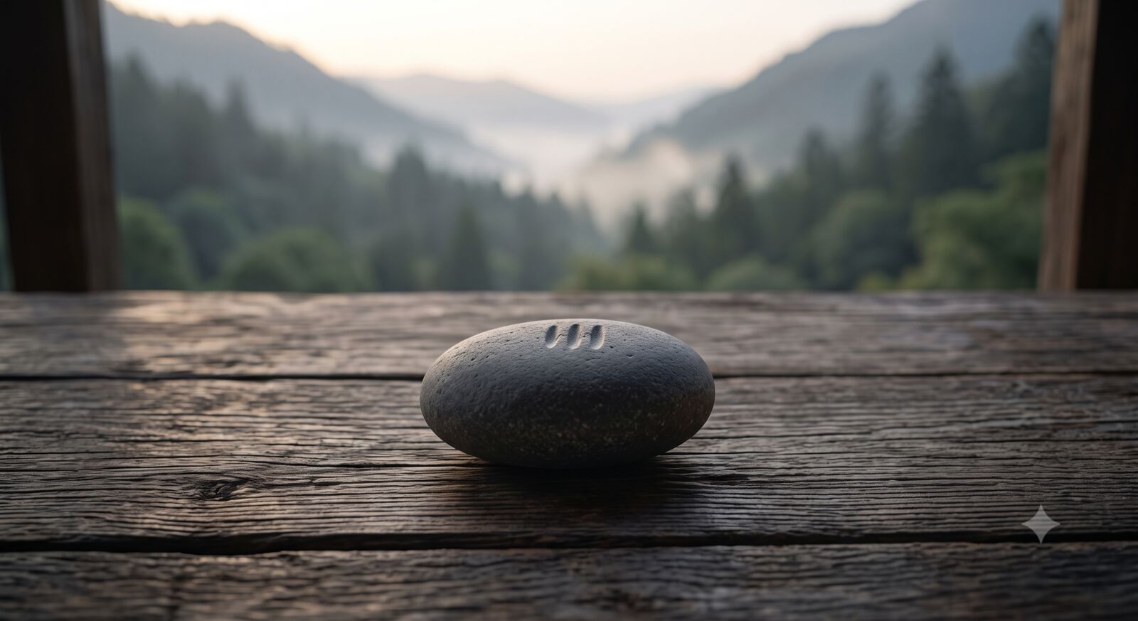 A smooth grey stone with three small wavy lines carved into it, resting on a weathered wooden ledge above a misty forested valley at dawn